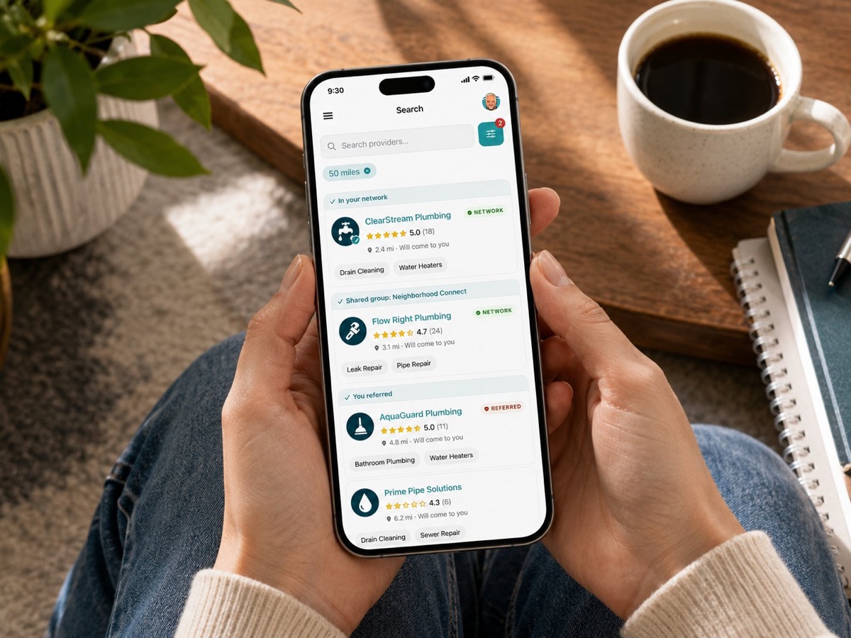 Search results in the TryMyPro app, grouped by trust