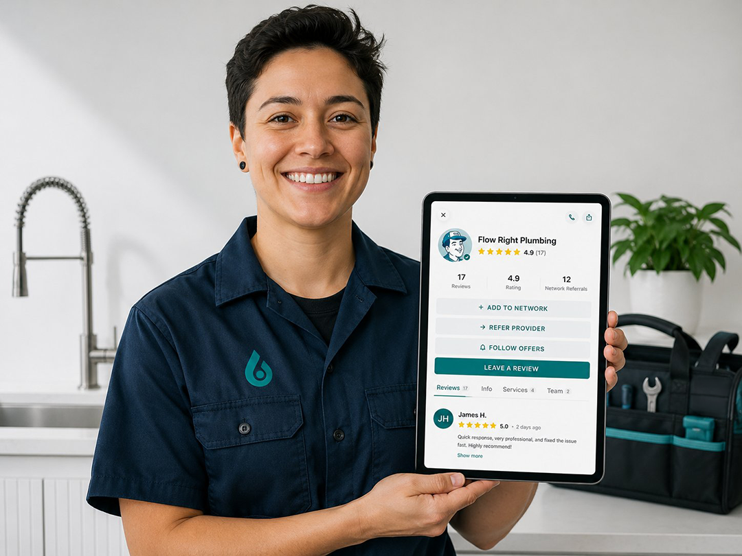 A plumber holding a tablet showing her business's page on TryMyPro